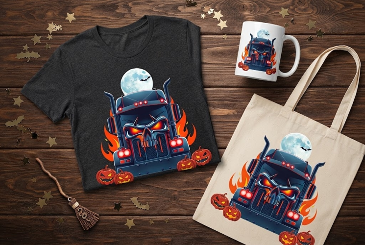 Demon Skull Semi Truck Halloween Design with Pumpkins