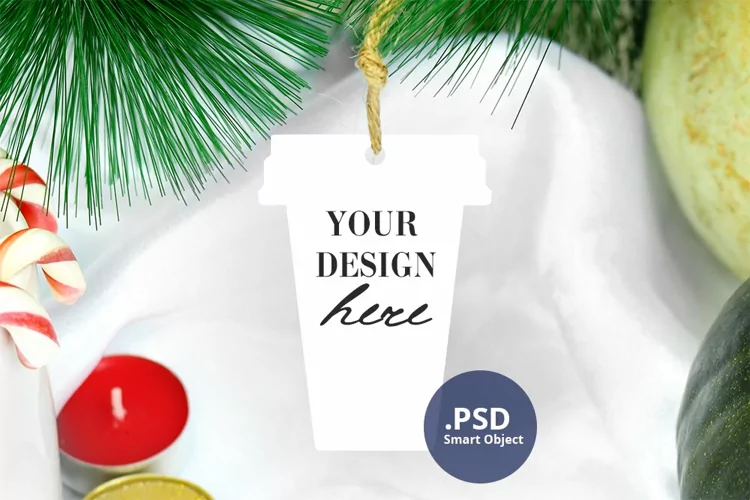 Christmas Coffee Cup Ornament Mockup PSD, Ornament Mockup