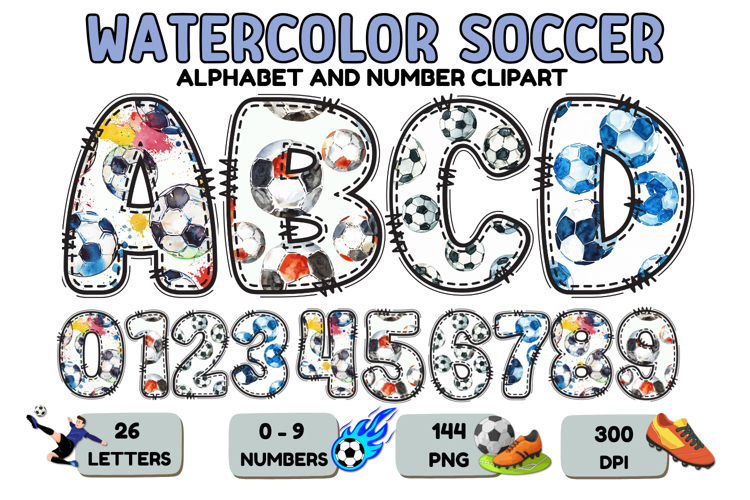 Watercolor Soccer Alphabert Numbers PNG Clipart 300DPI