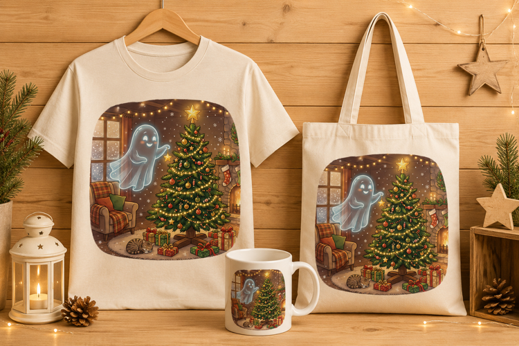 Cute Ghost Decorating Christmas Tree Cozy Living Room Art