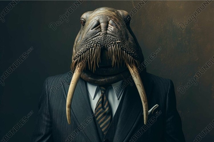 Anthropomorphic walrus wearing business manager suit. Genera example image 1