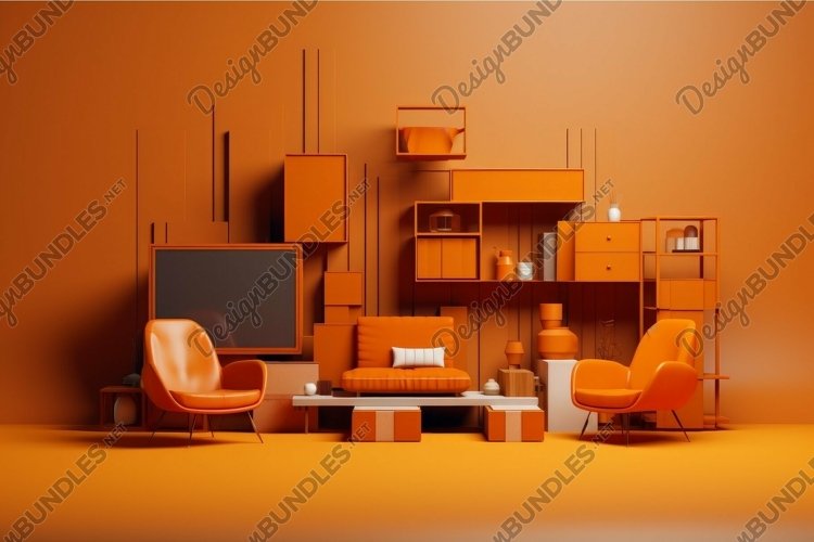 Modern living room in monochromatic orange tone example image 1