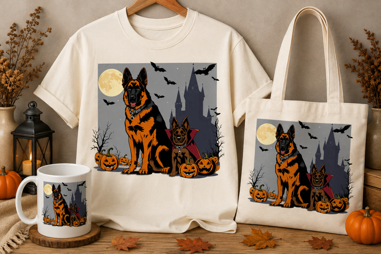 Halloween German Shepherd PNG | Vampire Dog & Pumpkins