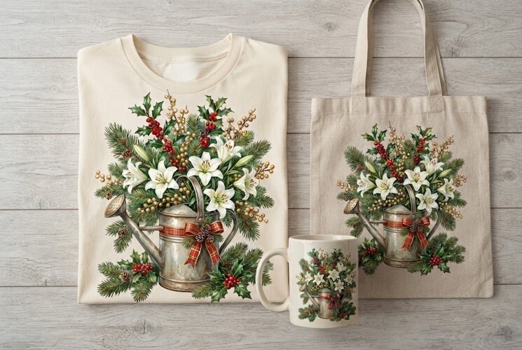 Christmas Watering Can White Lilies Holiday Floral Art example image 1