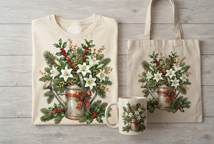 Christmas Watering Can White Lilies Holiday Floral Art
