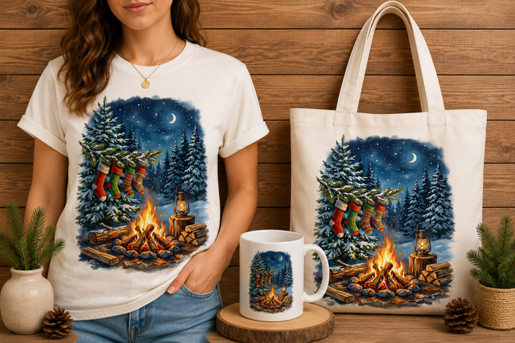 Cozy Winter Campfire and Christmas Stockings Art PNG