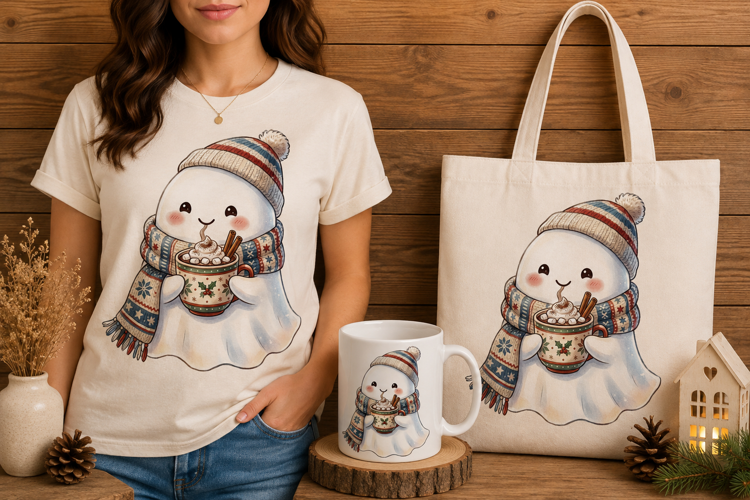 Cute Ghost Sipping Hot Cocoa Winter Cozy Design