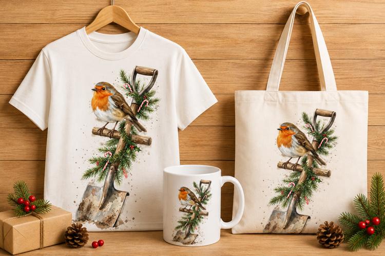 Christmas Robin on Garden Shovel Watercolor Holiday Art
