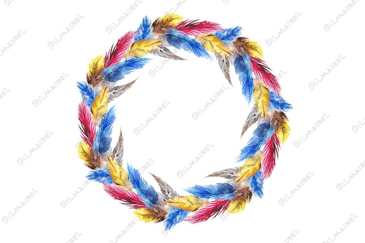Watercolor colorful bird feather circle wreath composition