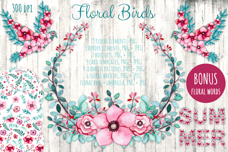 Watercolor Flowers and Birds Set