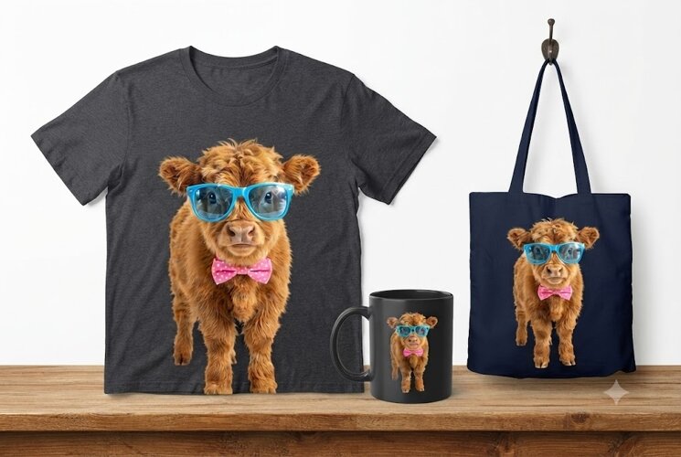 Highland Cow PNG | Cute Cow with Blue Glasses & Bow Tie example image 1