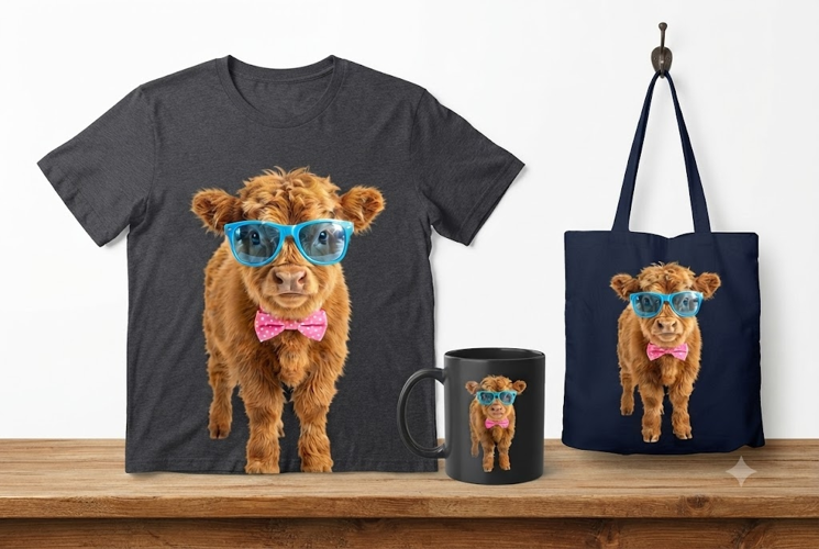 Highland Cow PNG | Cute Cow with Blue Glasses & Bow Tie