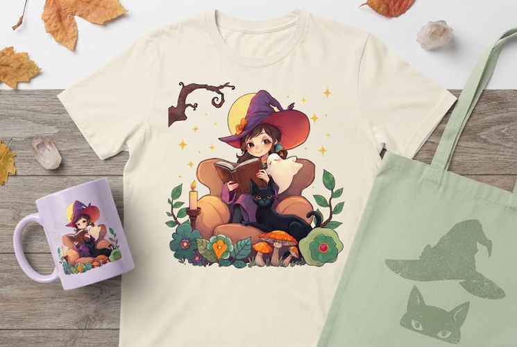 Witch Reading Book PNG | Cute Halloween Witch & Cat Clipart