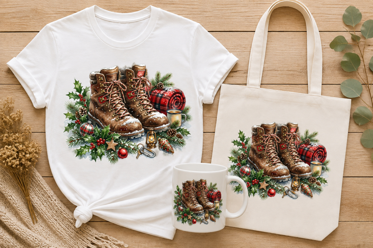 Winter Hiking Boots Christmas Holly Watercolor Holiday Art