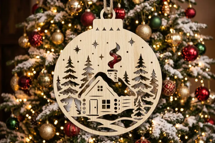 Cabin Winter Christmas Ornament SVG, Holiday Laser Cut File
