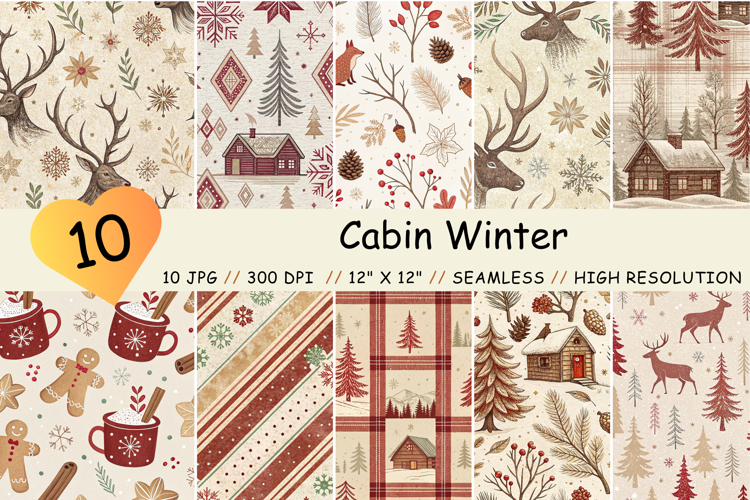 Cabin Winter Seamless Pattern Papers, Cute Winter Pattern