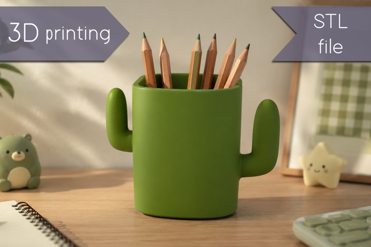 Cactus pen holder stl, 3D print desk organizer, Planter pot