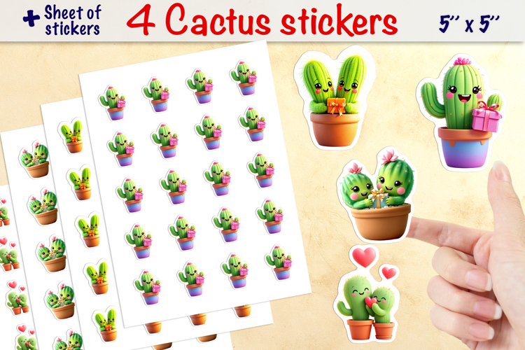 Cute kawaii cactus stickers printable, love stickers PNG