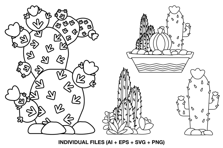 Cactus Digital Stamps, Desert Outline Coloring Illustrations