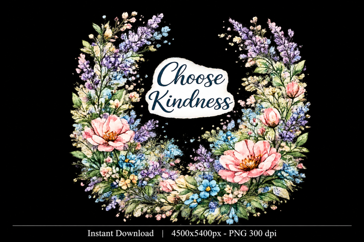 Choose Kindness PNG | Pastel Watercolor Floral Wreath Sublim