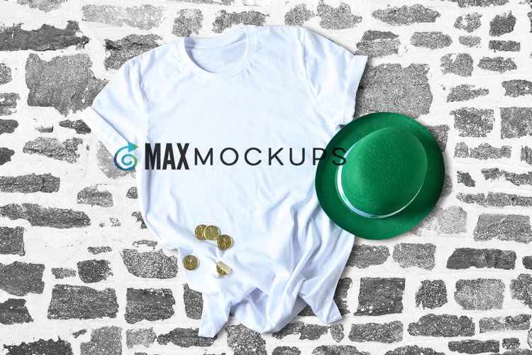 White t-shirt Mockup, St Patricks Day green, styled flatlay example image 1