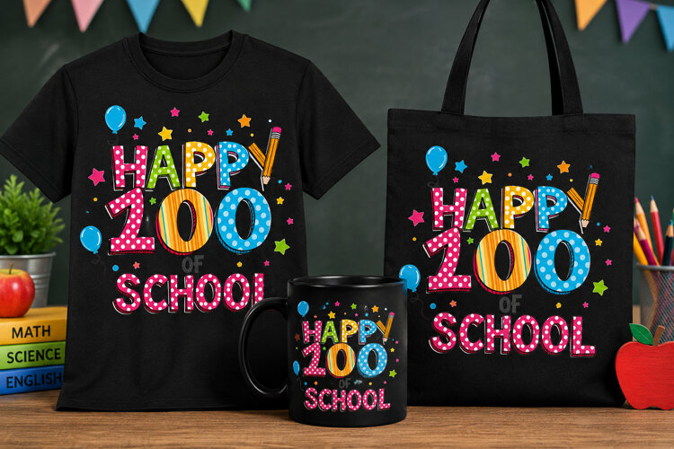 Happy 100 Days of School PNG, Colorful Classroom Design example image 1