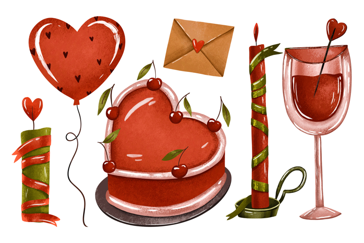 Valentine Day Hand Drawn Elements A set of vintage