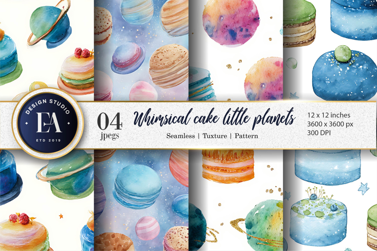 Cakes Shaped Like Little Planets Watercolor Digital Paper