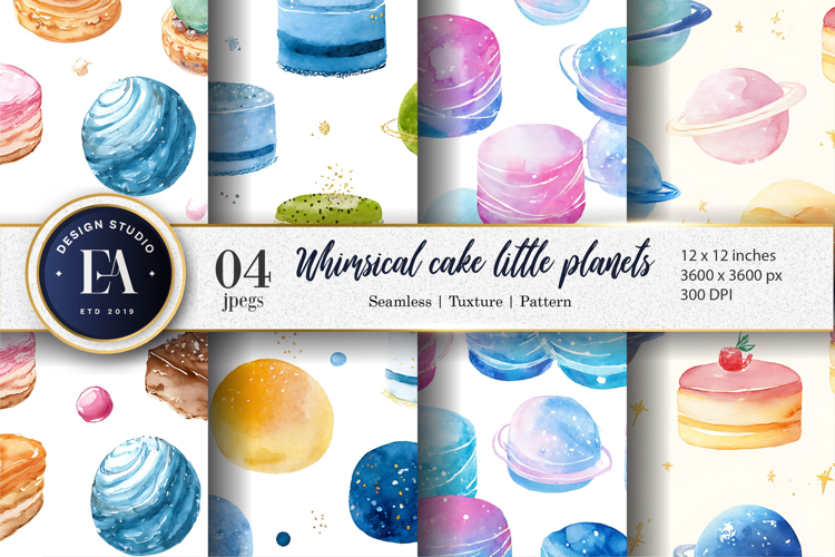 Cakes Shaped Like Little Planets Watercolor Digital Paper