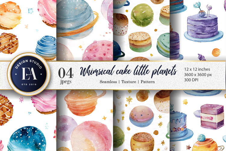 Cakes Styled Planets Watercolor Craft Pattern Digital Paper