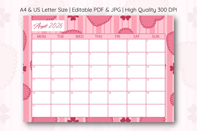 Heart Stripe Calendar Template for August 2026 | Planner