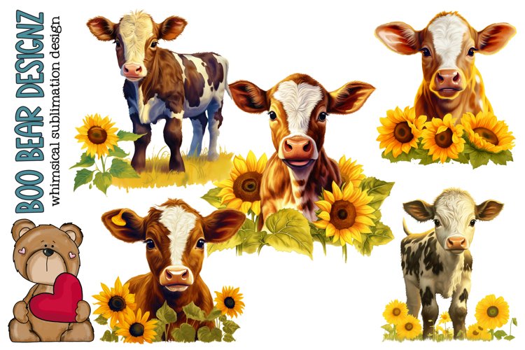 Baby Cows with Sunflowers Sublimation design example image 1