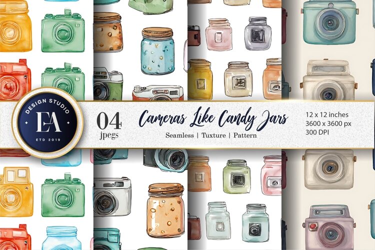Cameras Designed Like Candy Jars Watercolor Digital Paper example image 1