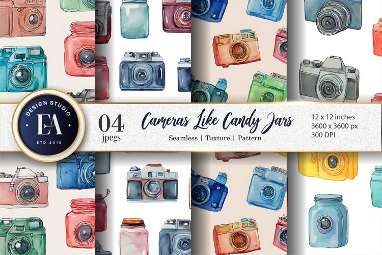 Cameras Designed Like Candy Jars Watercolor Digital Paper example image 1