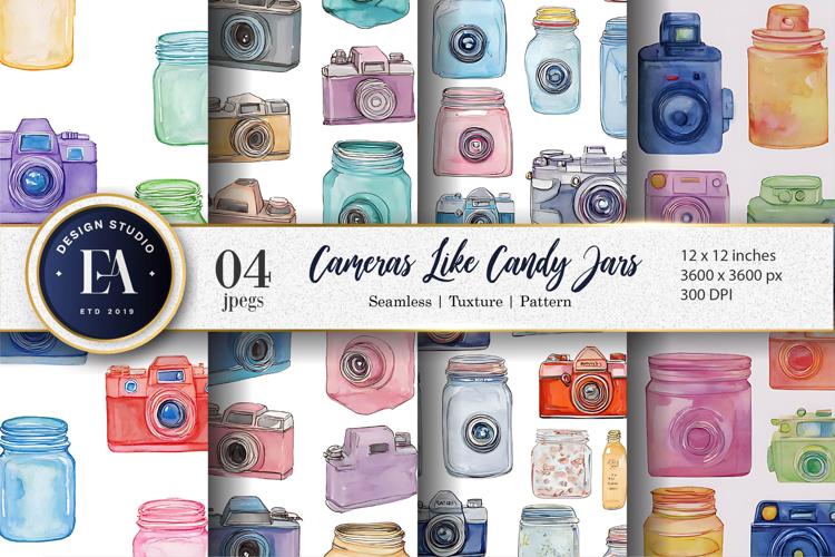 Candy Jar Cameras Watercolor Seamless Digital Paper
