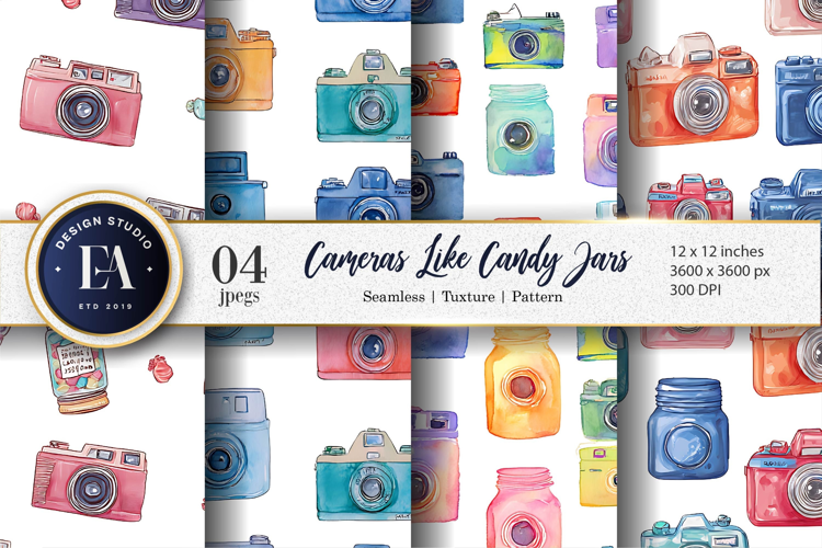 Candy Jar Cameras Watercolor Seamless Digital Paper