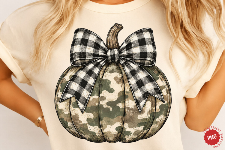 Camo Pumpkin PNG, Rustic Fall Bow Design