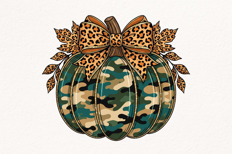 Camo Pumpkin with Leopard Bow PNG