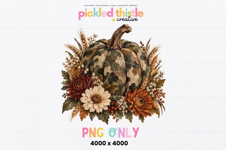 Single digital graphic of a large camouflage pumpkin nestled among textured autumn flowers and wheat for a warm, outdoors-inspired fall design.
