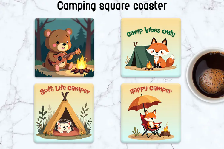 Funny Camping Animals Square Coaster PNG