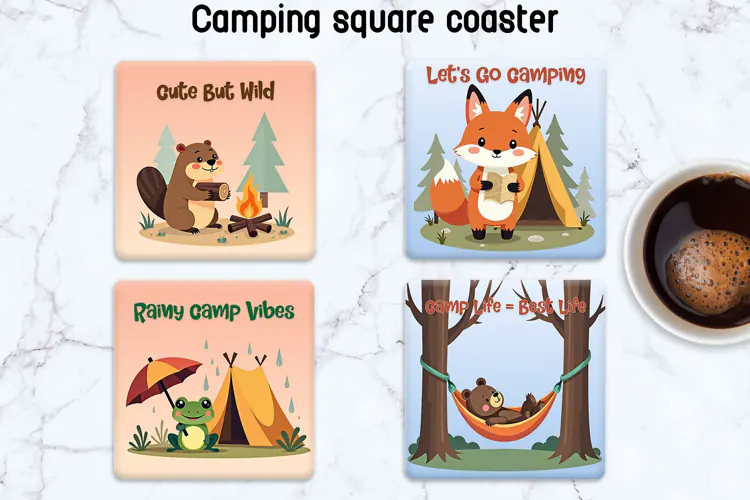 Camping Adventure Animals Square Coasters PNG