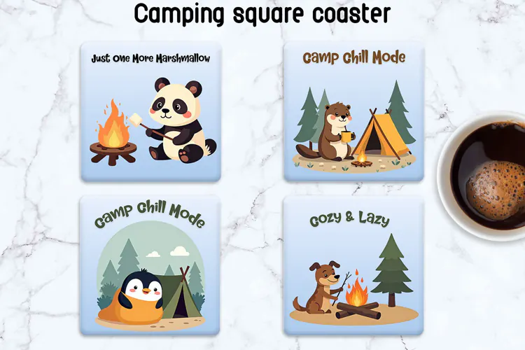 Cute Campfire Animals Coaster Designs PNG