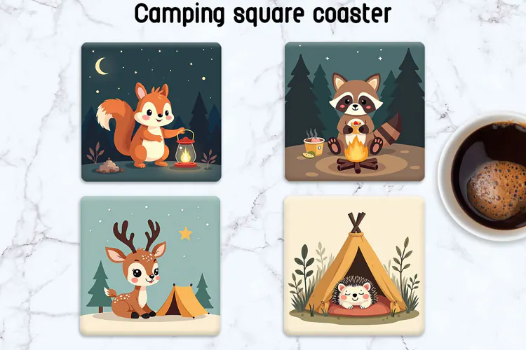 Funny Woodland Campers Square Coaster PNG