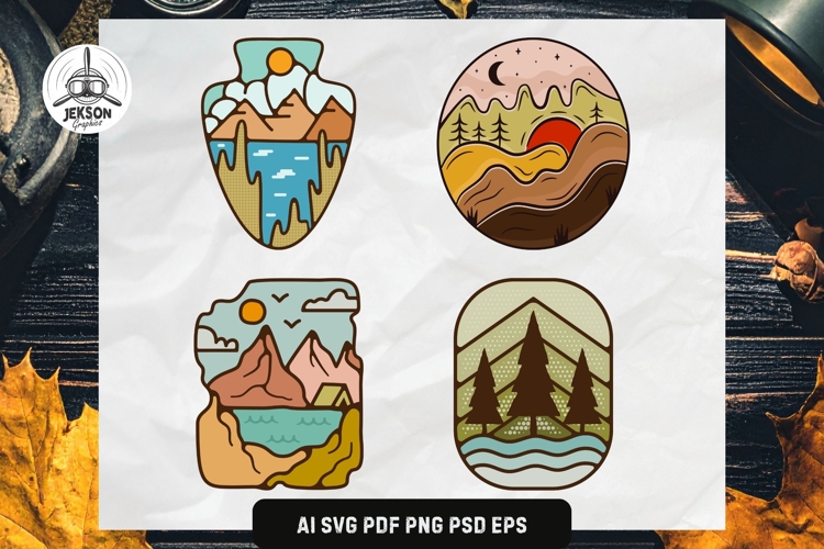 4 Camping Badges Design SVG Sublimation Travel Logos PNG