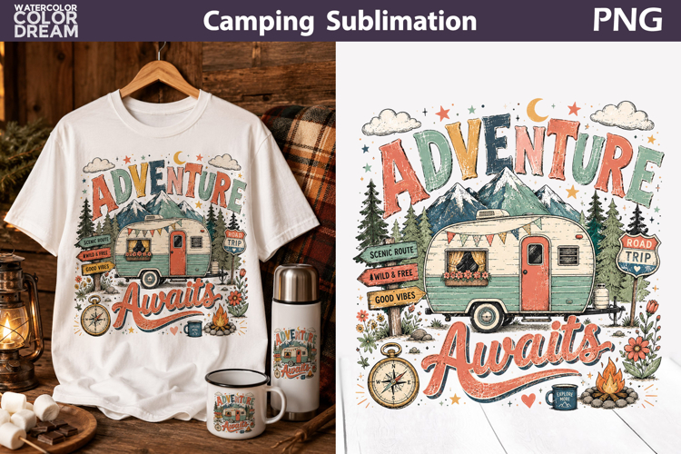 Camping Quote Sublimation | Adventure Awaits Camper example image 1