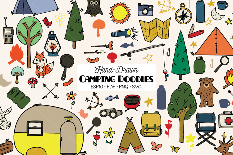 Camping, Color Hand Drawn Trailer, Outdoor Woodland, Fishing