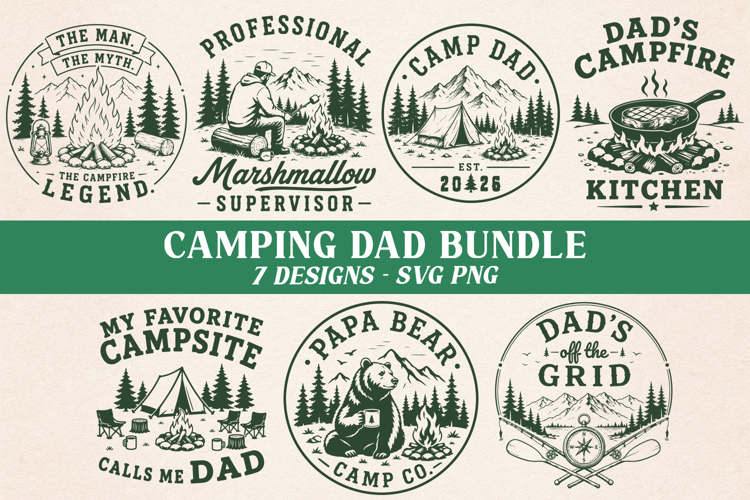 Camping Dad SVG Bundle, 7 Retro Outdoors PNG Retro Design