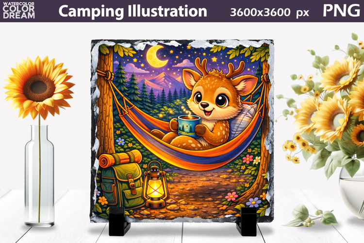 Cute Deer Camping Scene | Night Forest Sublimation