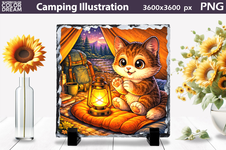 Cute Cat Camping Illustration | Night Camp Sublimation