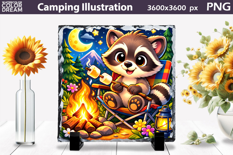 Cute Raccoon Camping Illustration | Night Camp Sublimation